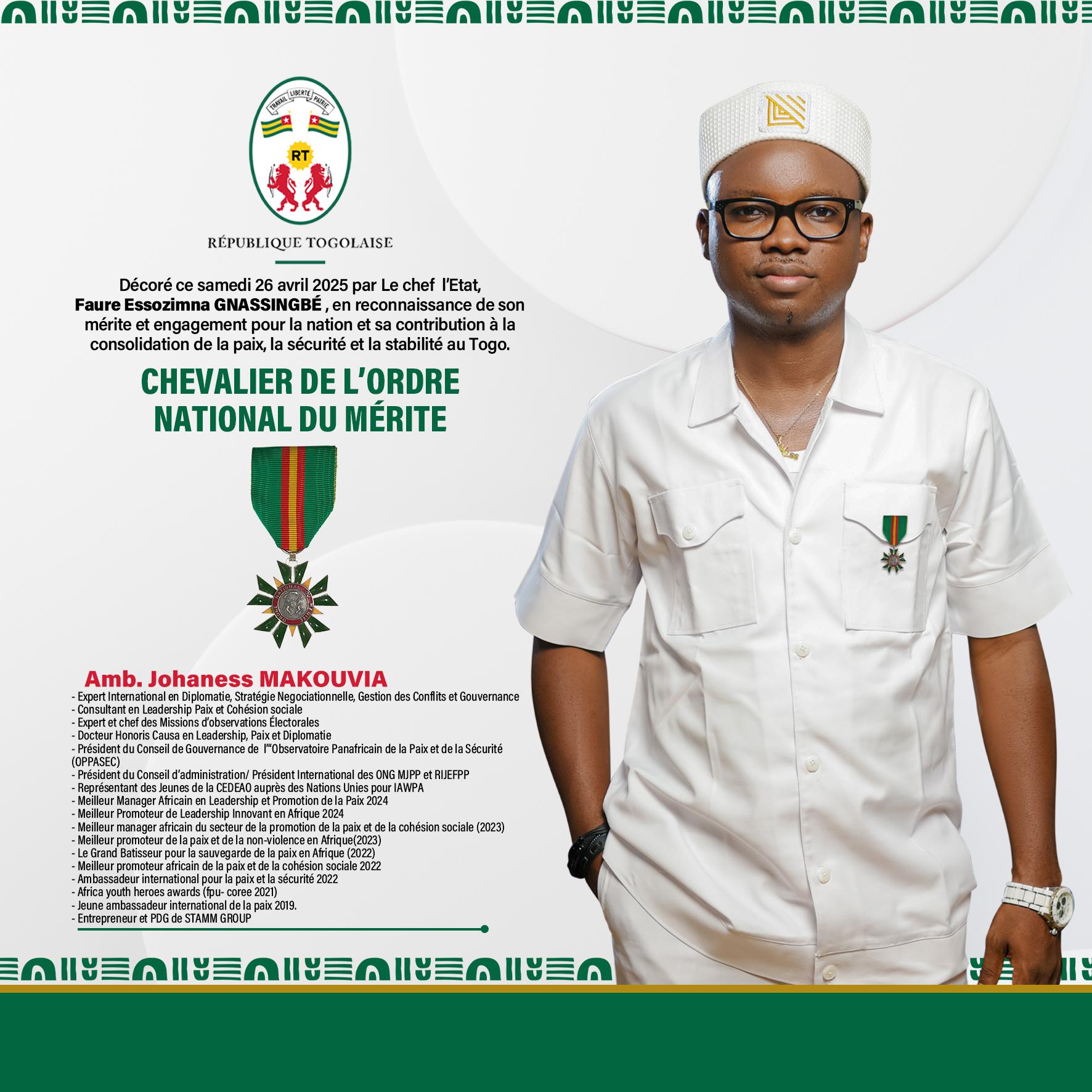 Hommage à l’Excellence : Le Togo décore Amb Johaness MAKOUVIA pour son engagement panafricain en faveur de la paix